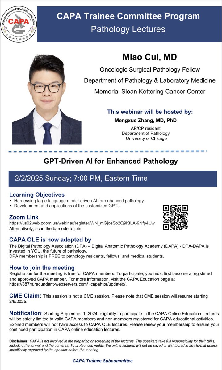 🎉CAPA Trainee Committee is excited to present a cutting-edge webinar on “GPT-Driven AI for Enhanced Pathology”, Feb 2, 2025, 7 PM ET. We welcome Dr. Miao Cui from <a href="/MSKCancerCenter/">Memorial Sloan Kettering Cancer Center</a>. Join us for insights into AI’s transformative role in pathology! Zoom link see below #PathTwitter