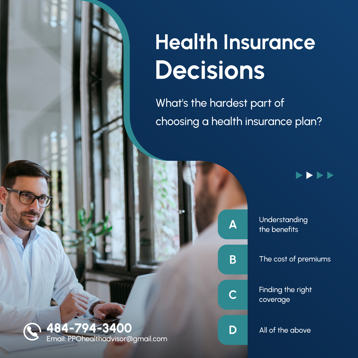 PPOhealthad's tweet photo. Picking the right health insurance plan can feel overwhelming. With so many options and details, it's hard to know where to start. We want to hear from you—what's the most challenging part of choosing a health plan?

#HealthInsurance #LifeInsurance #InsurancePoll https://t.co/mtd2QurNMh