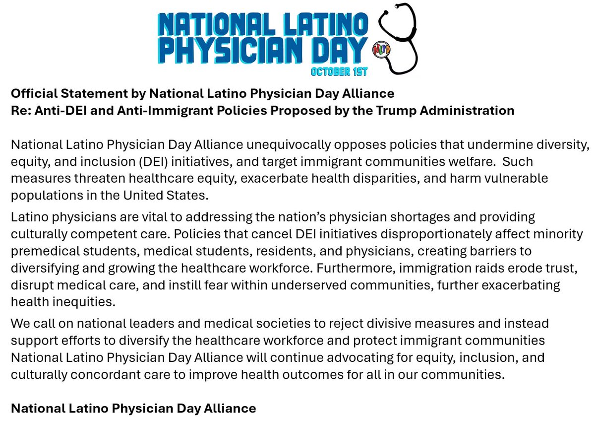 MichaelGalvezMD's tweet photo. Please read this complete statement on the anti-DEI and anti-immigrant policies that are being implemented in the United States. Simply - we challenge EVERY medical society to align with us and help us moving forward. — FOR our patient populations!!

#nationallatinophysicianday https://t.co/yzd30xtX4Z