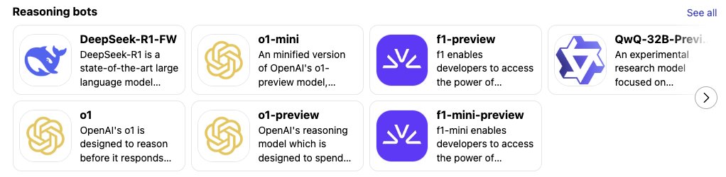 We just launched a new reasoning category, featuring all of today’s reasoning models: DeepSeek R1, OpenAI o1 and o1-mini, Alibaba QwQ, and Fireworks f1 and f1-mini, all in one place. (1/2)