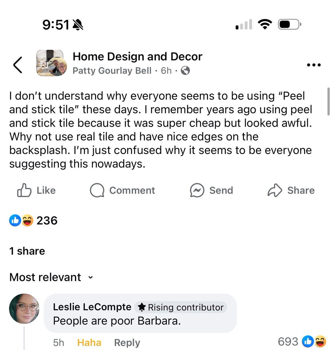 EllenMcCarthyy's tweet photo. I’m part of a home design group on Facebook and 90% of the time it’s super informative and helpful, the other 10% is pure comedy https://t.co/IpRyFsMrQL