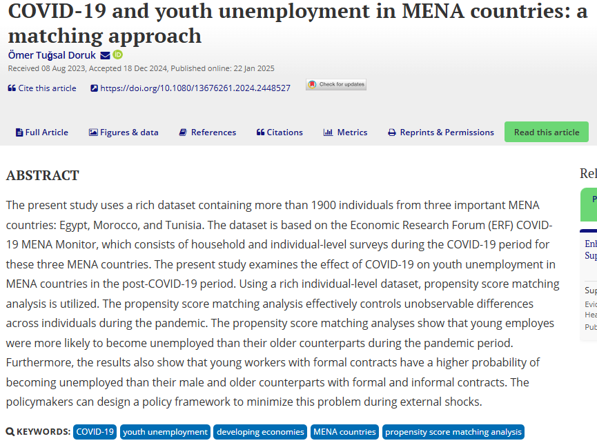 NEW ARTICLE ALERT!
Ömer Tuğsal Doruk:
COVID-19 and youth unemployment in MENA countries: a matching approach
tandfonline.com/doi/abs/10.108…