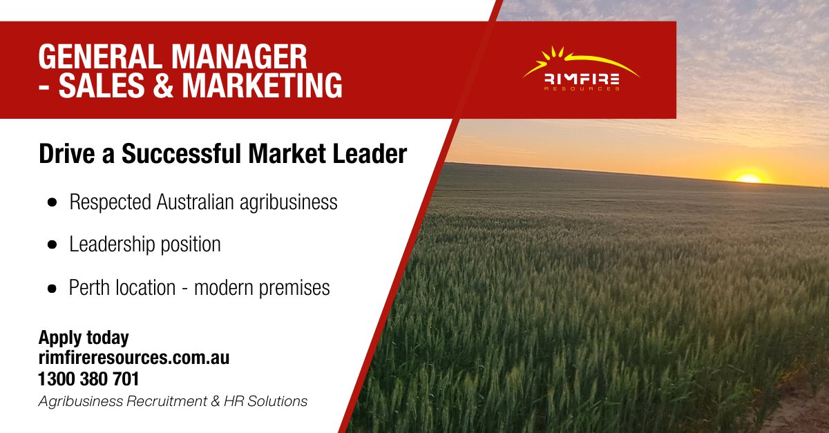Exciting leadership opportunity to drive the continued success of a market leader, in Australia's agricultural parts sector.

Apply today: adr.to/nlbwkai

#gm #executive #sales #marketing #agriculture #agribusiness #agjobs #rimfireresources