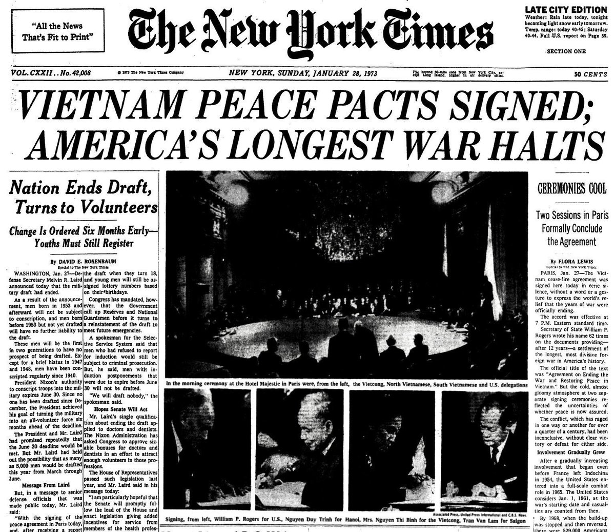 On January 27, 1973, the Paris Peace Accords were signed, ending United States military involvement in Vietnam
