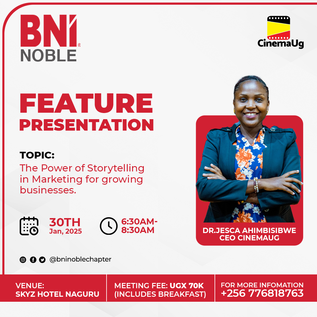 BNI Noble Chapter (@bninoblechapter) on Twitter photo Join us for a feature presentation this Thursday at <a href="/SkyzHotel/">Protea Hotel by Marriott® Kampala Skyz</a>
Presented by <a href="/drahimbisibwej/">Dr. Jesca Ahimbisibwe</a> the founder of <a href="/cinemaUGApp/">Cinema UG</a>
Topic: The power of storytelling in marketing for growing businesses.
Time: 6:30am - 8:30am
Fee: 70,000/= includes breakfast
Call: 0776818763
#marketing Join us for a feature presentation this Thursday at <a href="/SkyzHotel/">Protea Hotel by Marriott® Kampala Skyz</a>
Presented by <a href="/drahimbisibwej/">Dr. Jesca Ahimbisibwe</a> the founder of <a href="/cinemaUGApp/">Cinema UG</a>
Topic: The power of storytelling in marketing for growing businesses.
Time: 6:30am - 8:30am
Fee: 70,000/= includes breakfast
Call: 0776818763
#marketing
