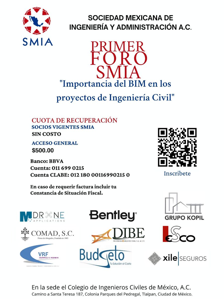 SMIA_OFICIAL's tweet photo. Ya está muy próximo nuestro Primer Foro #SMIA titulado "Importancia del #BIM en los #proyectos de #Ingeniería Civil". Contaremos con la participación de grandes expositores y será un excelente escenario para hablar sobre los temas más recientes en la administración de proyectos. https://t.co/JqFcRu1XIb