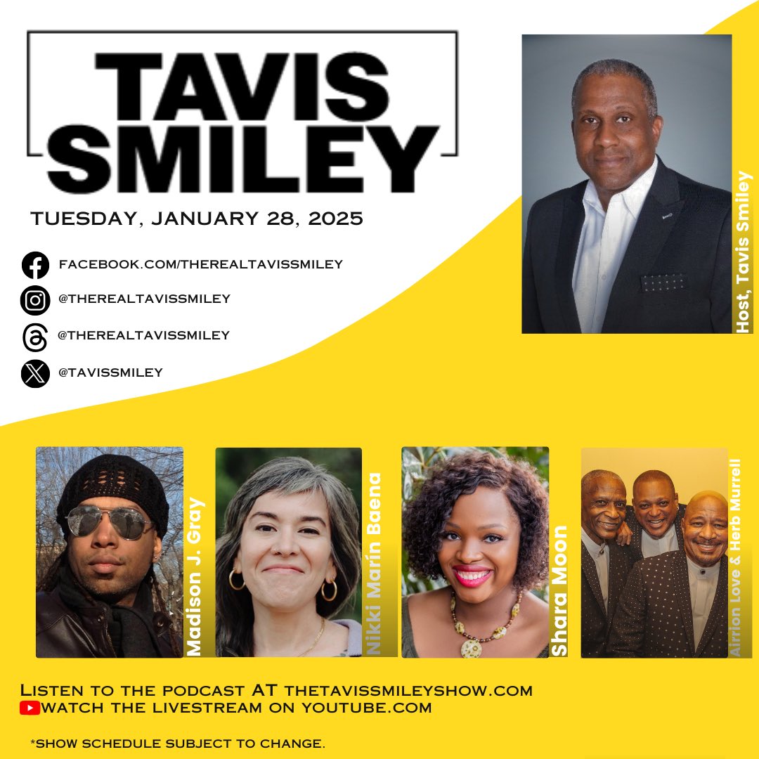 tavissmiley's tweet photo. #kbla1580 #tavissmileyshow #unapologeticallyprogressive #madisonjgray #nikiimarinbaena #sharamoon #airrionlove #herbmurrell #thestylistics #siembranc #letusmarchon #historicalfictionnovel #presidentroosevelt #politicalnews https://t.co/ddanJ2kMhv