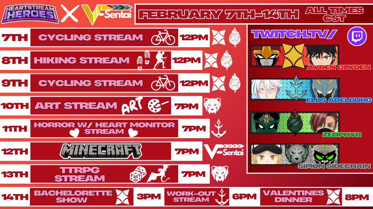 ElosAdelburg's tweet photo. VSentai's charity marathon schedule here! Every cent will go straight towards @MythicTalent's Heartstream Heroes charity event that's raising money for heart disease! Doing good is what we're all about. It would mean so much to have anyone come out to support! https://t.co/JhMrHpGVAe