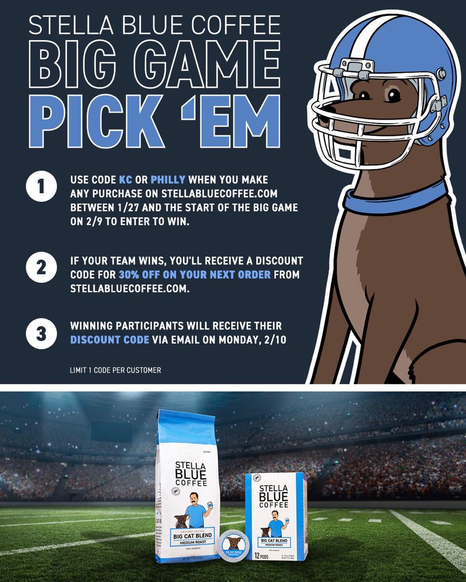 BarstoolElon's tweet image. The Big Game is almost here! Join Stella Blue Coffee’s Pick ‘Em Challenge:

Shop at stellabluecoffee.com by Feb 9.
Use code KC or PHILLY at checkout.
Pick the winner &amp;amp; get 30% off your next order! 🏈🐾