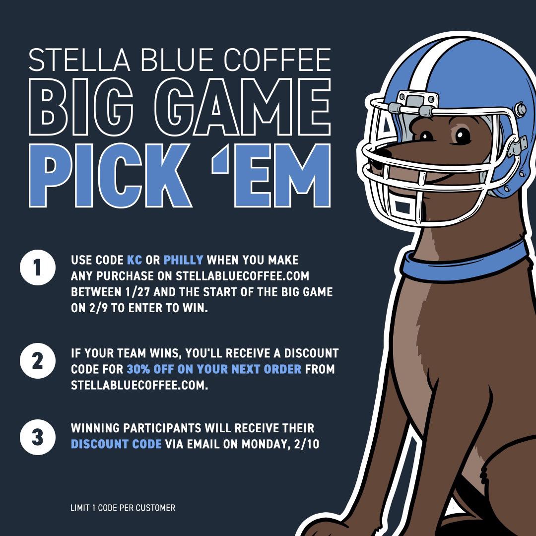 BarstoolElon's tweet image. The Big Game is almost here! Join Stella Blue Coffee’s Pick ‘Em Challenge:

Shop at stellabluecoffee.com by Feb 9.
Use code KC or PHILLY at checkout.
Pick the winner &amp;amp; get 30% off your next order! 🏈🐾