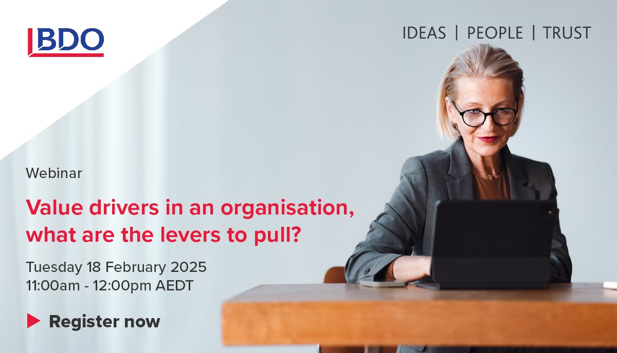 BDOAustralia's tweet photo. Join us on Tuesday 18 February, for our next #CVO #webinar, where we’ll discuss what drives #value within an organisation and how CFOs - now CVOs - can impact it. 

Register now: https://t.co/ZkpHnVL4xU https://t.co/xUjV3r49Dn