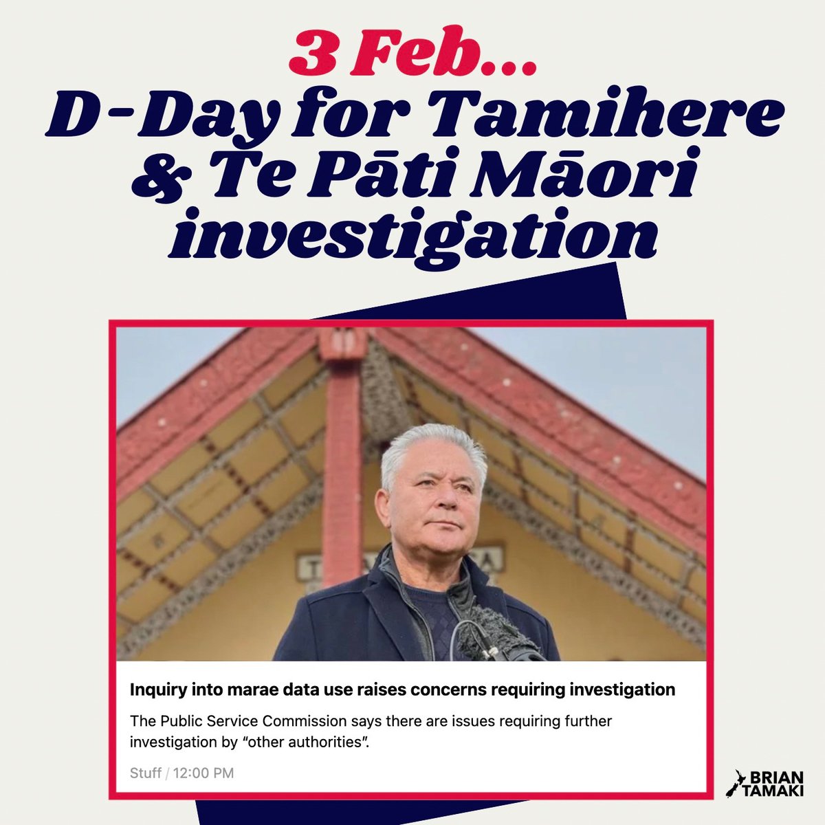 BrianTamakiNZ's tweet photo. ‘Some matters require referral to other authorities for further consideration.’

That’s all the Public Service Commissioner is saying in today’s brief press release.

But next Monday, 3rd February 2025, is D-Day. That’s when Commissioner Brian Roche will finally reveal his findings on whether Tamihere, Te Pāti Māori, and their web of politicians, entities, and marae were involved in any data breaches.

From what I originally uncovered, the story isn’t pretty. It appears Māori personal information was harvested—not protected—by John Tamihere & Co. through shady ‘at-the-door’ forms and dodgy data-collection practices.

Māori deserve better than this. Kiwis deserve better than this.

New Zealand’s political inquiries often feel like toothless tigers, too afraid to expose the hidden rot in our political system. But maybe, just maybe, this time Roche will surprise me and deliver the accountability we all so desperately crave.

I’ll keep saying it… we need to pick fresh politicians and avoid all the rotten apples in politics that have long spoiled. The whole barrel of them needs to be tossed out…they are all compromised.

Next week just got even more interesting ahead of Waitangi!

#MakeNZHonestAgain
#MakeNZGreatAgain