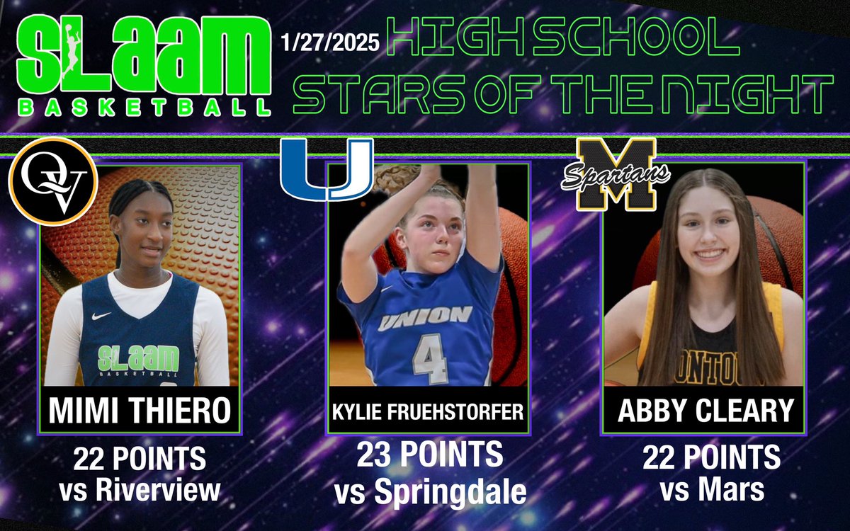 A trio of 20’s in some big wins!!! <a href="/mimi_thiero/">Mimi Thiero</a> leads <a href="/QVBasketball/">Quaker Valley Basketball</a> past Riverview!  <a href="/AbbyCleary14/">Abby Cleary</a> leads <a href="/MontourGBB/">Montour Girls Basketball</a> to a huge win over Mars and <a href="/KylieFrueh/">Kylie Fruehstorfer</a> keeps <a href="/UnionScotties/">Union Area SD</a> undefeated!!! <a href="/slaam2026jamal/">SLAAM 2026 Woodson</a> <a href="/SLAAM28Penix/">SLAAM 28 Penix</a>