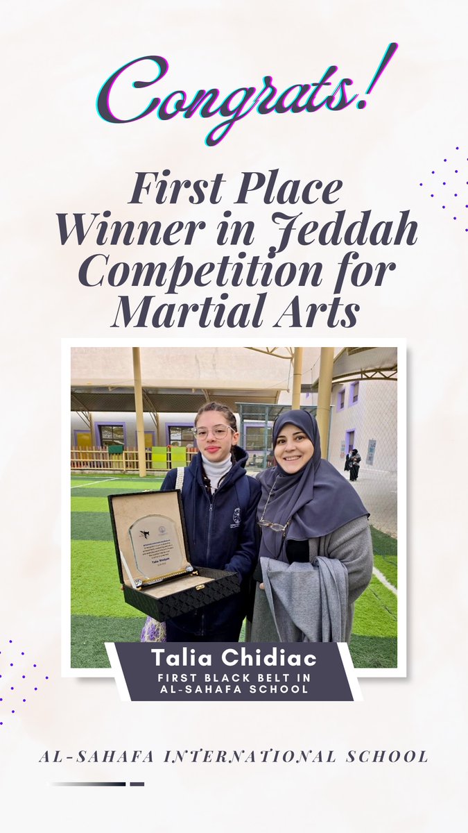 alsahafaschool's tweet photo. ๐Big congratulations to Talia Chidiac for winning First Place in the Jeddah Martial Arts Competition!๐
Sheโs not only a champion but also the First Black Belt in Al Sahafa International Schoolโs history! Your hard work and dedication inspire us all #MartialArts #AlSahafaSchool https://t.co/yQKbvj8Izl