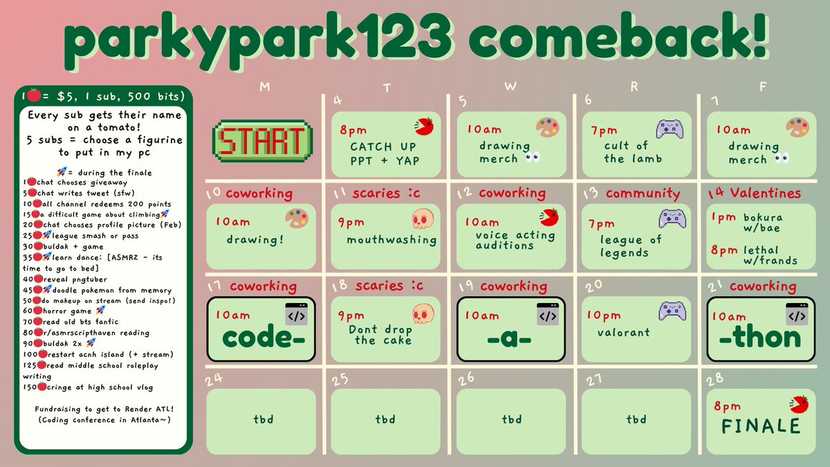 parkypark123's tweet photo. 🍅COMEBACK SCHEDULE + REWARDS!!!🍅
so excited to be back 🥰
any and all donos will be for ticket to a coding conference later this year~! https://t.co/FtamkVXS3Z