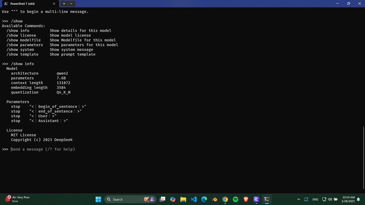 OtakuPraj's tweet photo. Let's goo @deepseek_ai running locally! 🚀 7.6B param model with 131K context window
Who's got creative uses for this beast?
Maybe a dungeon game?

What would YOU build? 🤖 #AI  #ollama #OpenSource https://t.co/g4aH6i6P3V