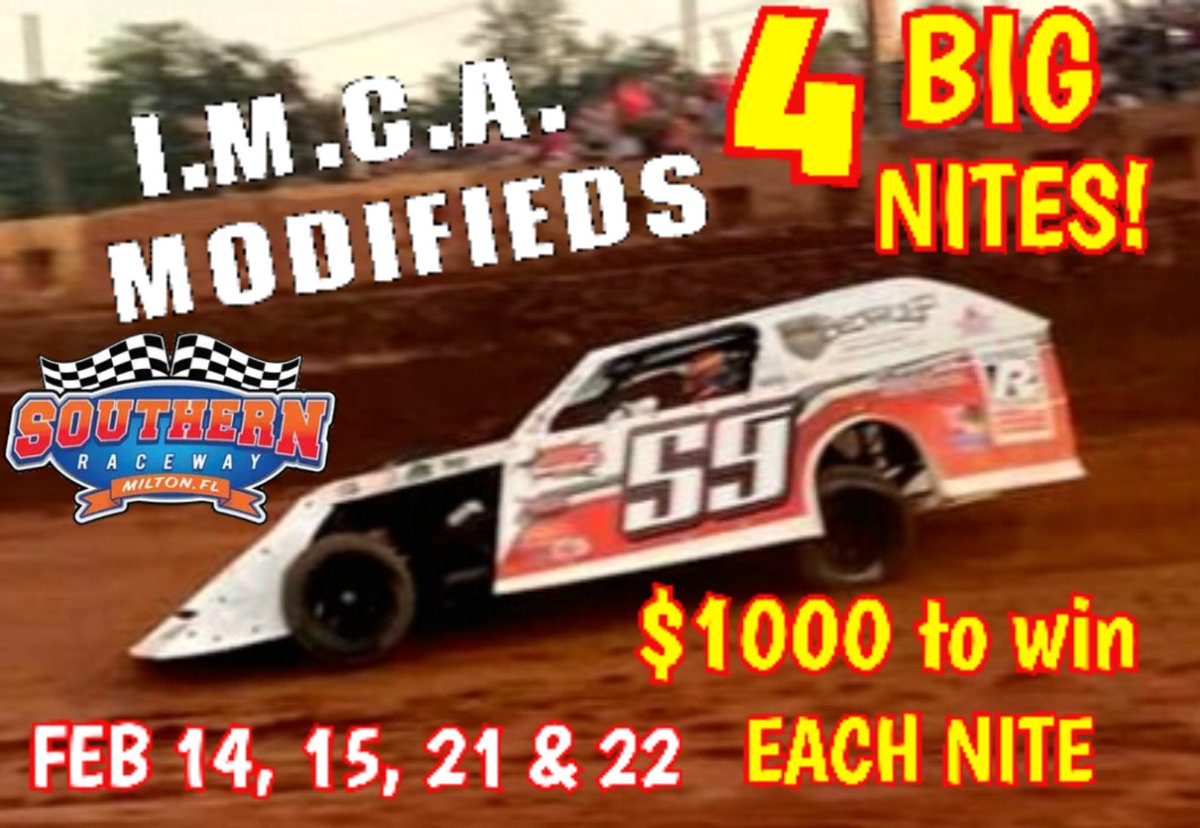 Coming Soon to Southern Raceway in Milton, Florida!
$1000 to win I.M.C.A MODIFIEDS with a points fund to drivers who run all 4 nites.