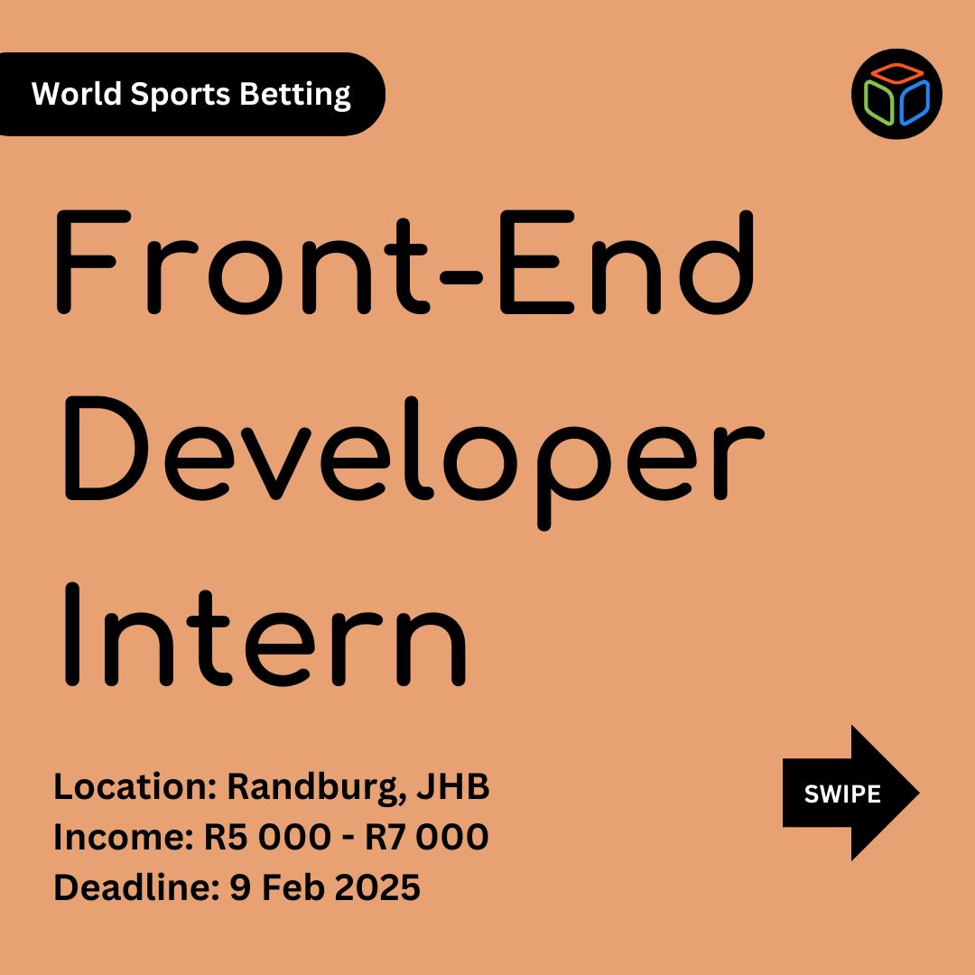 JoboxZA's tweet image. 🚨 VACANCY! 🚨

💼 Position: Front-End Developer Intern

🏢 Company: World Sports Betting

⌛️ Deadline: 9 February, 2025

Sound interesting? Head over to apply (LINK BELOW) 👇 

#jobox #JobSeekersSA #JobVacancy #SouthAfrica #ApplyNow