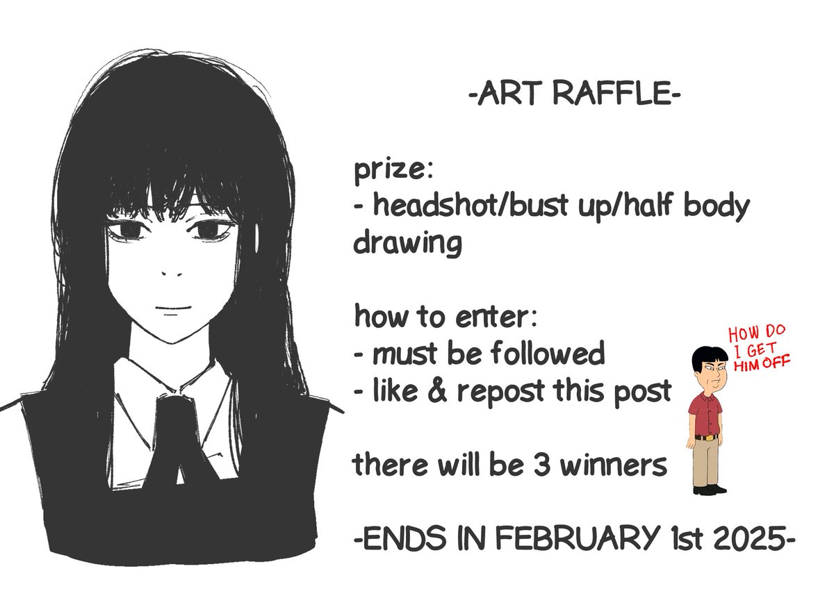 hi everyone as a thank you for all the support i will be hosting an art raffle‼️
how to enter:
&gt;follow me
&gt;like and rt this post
3 Winners will be picked on Feb 1st 2025 good luck!!