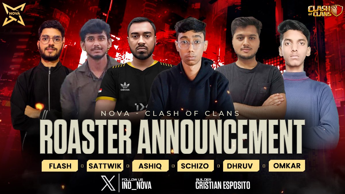 NOVA (@nova__coc) on Twitter photo Rising Stars, Unstoppable Force ๐โก Presenting the official NOVA Clash of Clans roster! Ready to dominate the battlefield.
#NOVA #ClashOfClans
@ys_its_schizo (c) ๐ฎ๐ณ
<a href="/WfiFlash/">WFI_Flash</a> ๐ฎ๐ณ
<a href="/SattwikDas17/">Sattwik</a> ๐ฎ๐ณ
<a href="/Ashiqur21774533/">RNG ASHIQ</a> ๐ง๐ฉ
<a href="/Dhruvb_06/">Dhruv bansal</a> ๐ฎ๐ณ
<a href="/omkarcoc30/">Omkar_COC</a> ๐ฎ๐ณ
Builder <a href="/cri_espoV/">cri_espo</a> ๐ทโโ๏ธ Rising Stars, Unstoppable Force ๐โก Presenting the official NOVA Clash of Clans roster! Ready to dominate the battlefield.
#NOVA #ClashOfClans
@ys_its_schizo (c) ๐ฎ๐ณ
<a href="/WfiFlash/">WFI_Flash</a> ๐ฎ๐ณ
<a href="/SattwikDas17/">Sattwik</a> ๐ฎ๐ณ
<a href="/Ashiqur21774533/">RNG ASHIQ</a> ๐ง๐ฉ
<a href="/Dhruvb_06/">Dhruv bansal</a> ๐ฎ๐ณ
<a href="/omkarcoc30/">Omkar_COC</a> ๐ฎ๐ณ
Builder <a href="/cri_espoV/">cri_espo</a> ๐ทโโ๏ธ