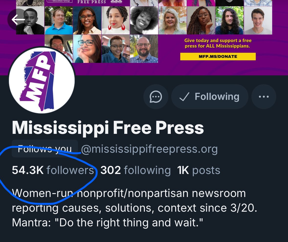 ashtonpittman's tweet photo. News outlets—especially independent news outlets—you don't have to stay tethered to this place.

The Mississippi Free Press, after three months, now has nearly 55,000 followers at the B-L-U-E place.

That's double the audience it took to build 5 years here.

My point? 1/ https://t.co/PeKJ071uvF