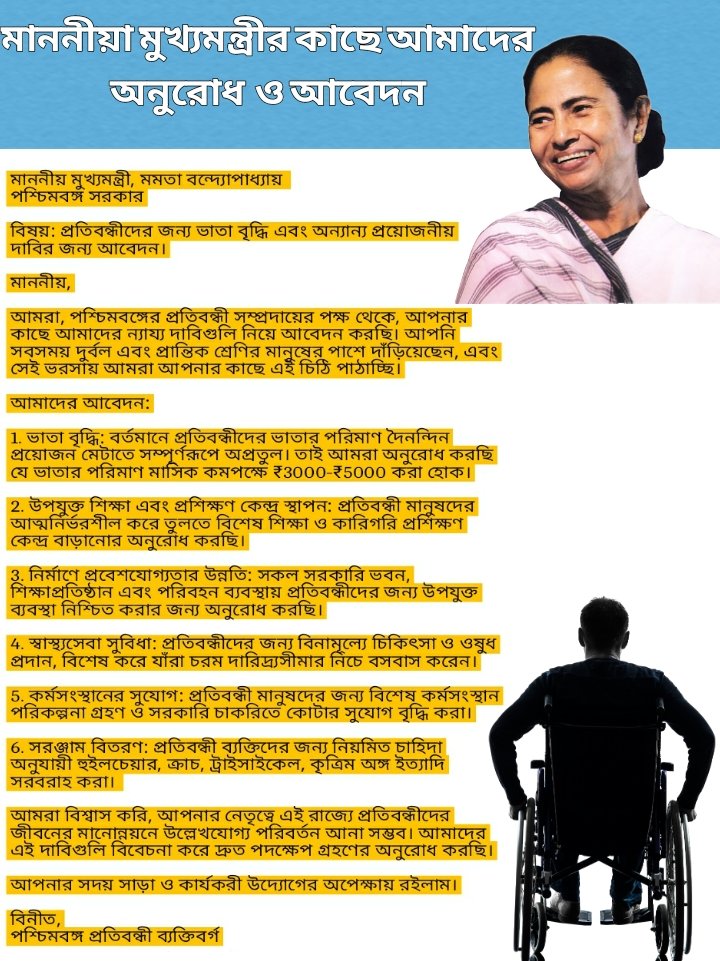 This Is Ability (@thisisability) on Twitter photo ১০ই ফেব্রুয়ারি রাজ্যের বাজেট অধিবেশন শুরু, আশা করি এবার অন্তত প্রতিবন্ধীদের জন্য কিছু করবেন। <a href="/MamataOfficial/">Mamata Banerjee</a>
<a href="/FAM4TMC/">FAM Community #FAM4TMC</a> #disabled #disabilitytwitter ১০ই ফেব্রুয়ারি রাজ্যের বাজেট অধিবেশন শুরু, আশা করি এবার অন্তত প্রতিবন্ধীদের জন্য কিছু করবেন। <a href="/MamataOfficial/">Mamata Banerjee</a>
<a href="/FAM4TMC/">FAM Community #FAM4TMC</a> #disabled #disabilitytwitter