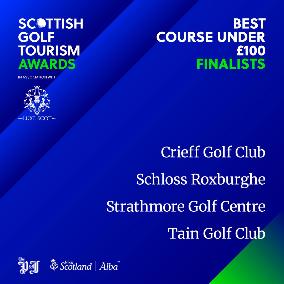 Introducing our 2025 finalists for the Best Course under £100 category:

- Crieff Golf Club
- <a href="/The_Roxburghe/">The SCHLOSS Roxburghe Hotel & Golf Course</a> 
- <a href="/GolfStrathmore/">Strathmore Golf</a>
- <a href="/TainGolfClub/">Tain Golf Club</a> 

For more information and gala dinner tickets, visit bit.ly/4am302H

#SGTA25 / @ScotLuxe