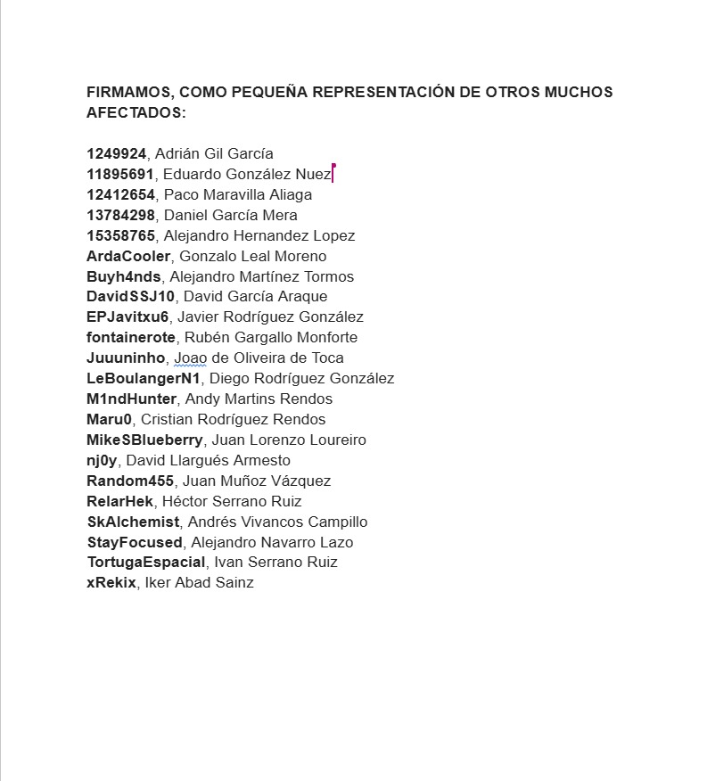 Los firmantes somos una pequeña parte de los afectados, que serán cientos.
Hemos decidido hacerlo público para que cualquiera pueda unirse. 

Surge tras haber intentado durante meses sin éxito que las salas tomen medidas para hacer cumplir no sólo sus T&amp;C,