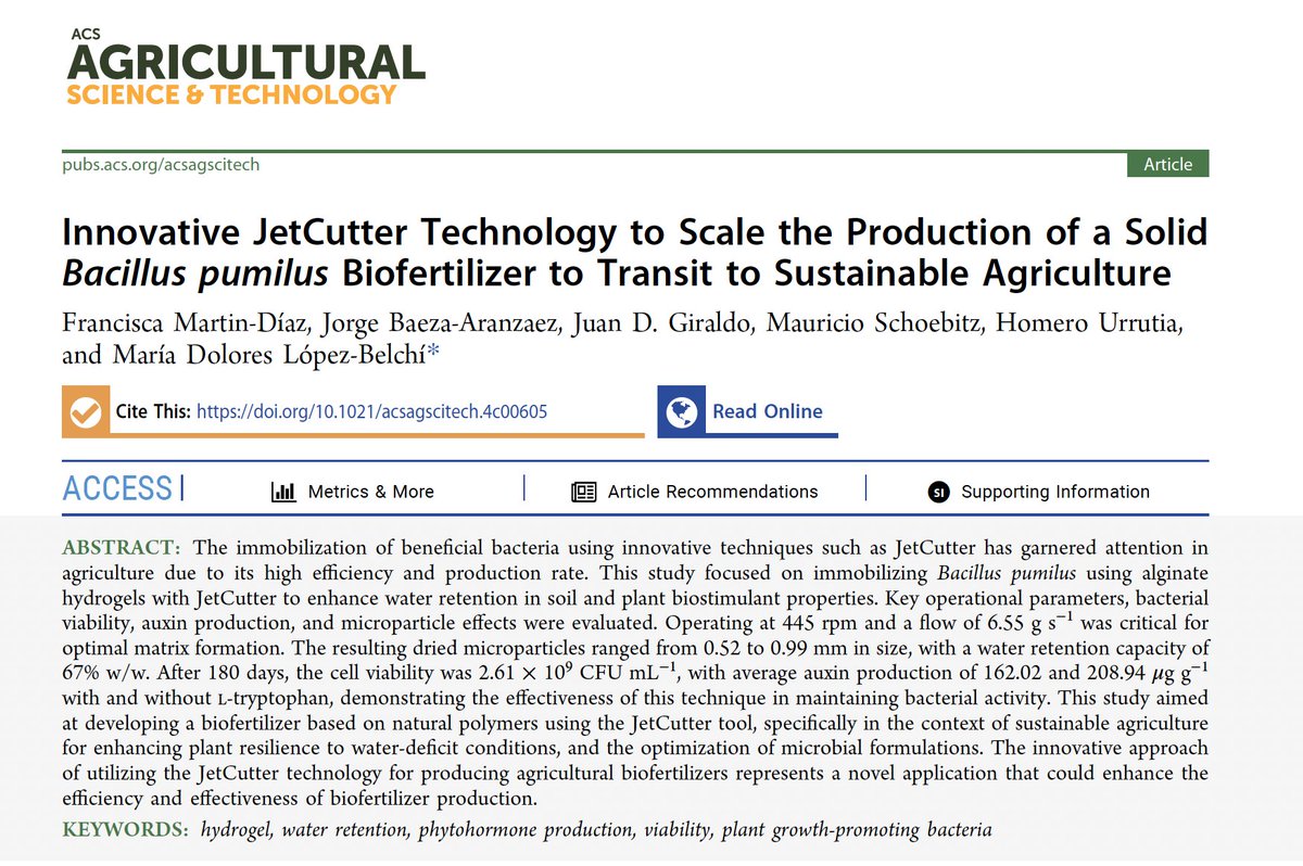 Mauricio Schoebitz (@mauschoe) on Twitter photo Innovative JetCutter Technology to Scale the Production of a Solid Bacillus pumilus Biofertilizer to Transit to Sustainable Agriculture. DOI: 10.1021/acsagscitech.4c00605 <a href="/lolobelch/">Lola Lopez Belchí</a>
pubs.acs.org/doi/10.1021/ac… Innovative JetCutter Technology to Scale the Production of a Solid Bacillus pumilus Biofertilizer to Transit to Sustainable Agriculture. DOI: 10.1021/acsagscitech.4c00605 <a href="/lolobelch/">Lola Lopez Belchí</a>
pubs.acs.org/doi/10.1021/ac…