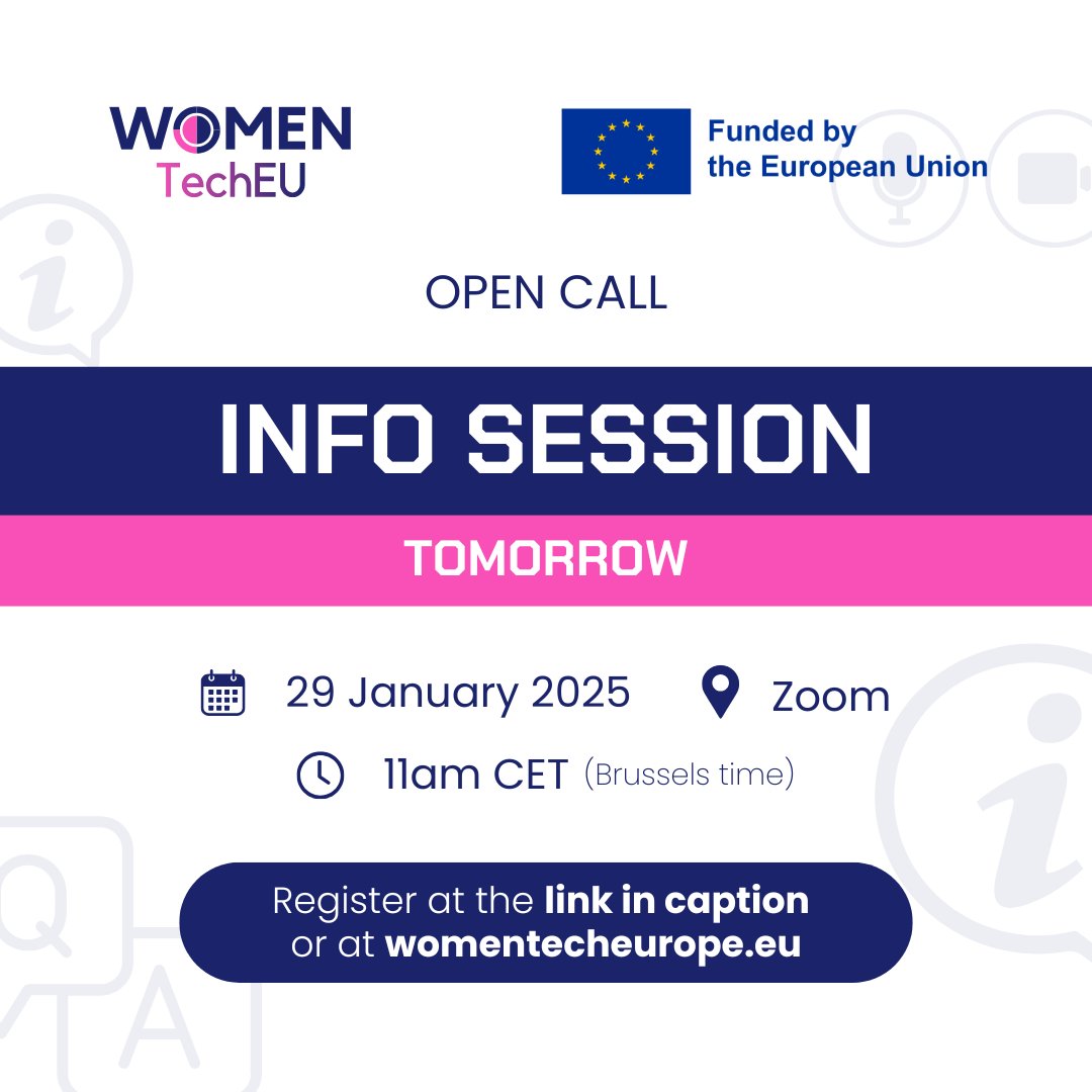 🌟 InfoDay Tomorrow 🌟

Don’t miss out on the InfoDay happening TOMORROW!

📆 Date: 29 January 2025
⏰ Time: 11.00 CET (Brussels Time)
➡️ Platform: Zoom

Register here: womentecheurope.eu/register-to-wo…

Website: womentecheurope.eu

#WomenTechEU #WomenEntrepreneurs #deeptech
