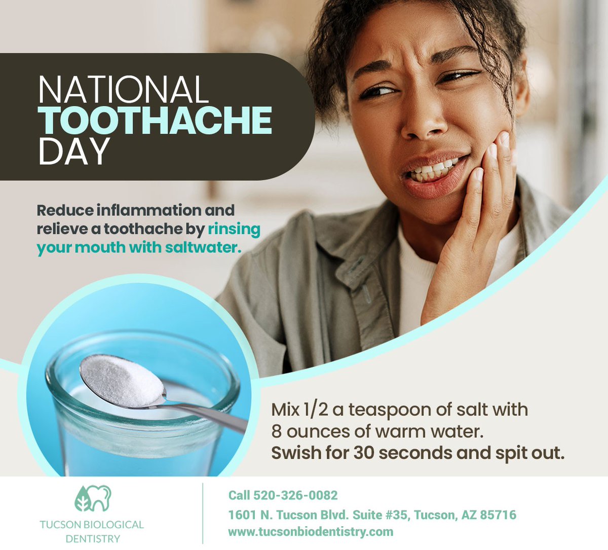 jeanne_krizman's tweet image. Need quick relief from a toothache? Salt is a natural disinfectant and can provide temporary relief until you see your dentist. #saltwaterrinse #toothache #toothpain #tucson #AZ #tucsonbiologicaldentistry