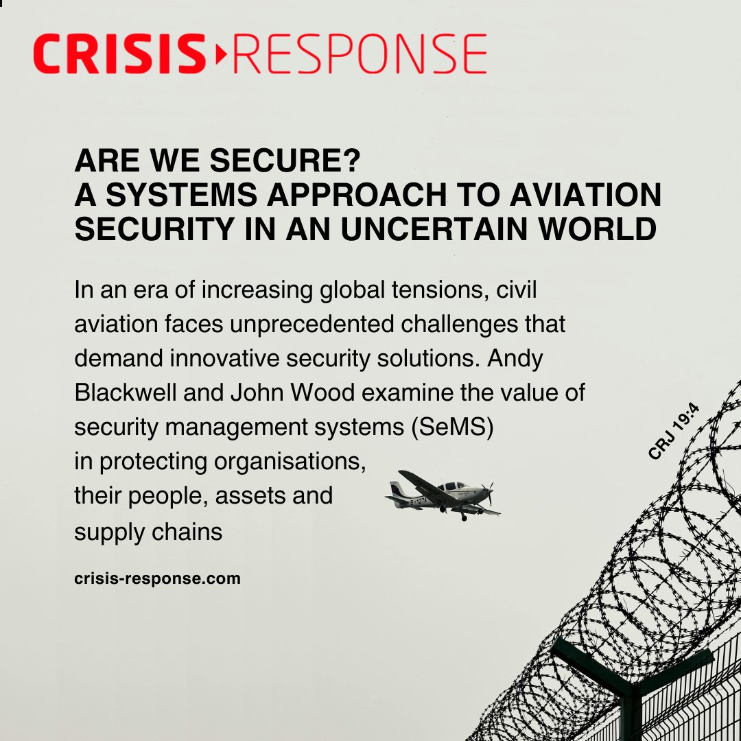 Crisis Response Journal (@crj_reports) on Twitter photo <a href="/bsc_secure/">Andy Blackwell</a> and John Wood discuss how geopolitical conflicts challenge aviation, requiring strong security, operational efficiency, and adoption of Security Management Systems (SeMS).
Read here: bit.ly/41Yd1Rk
Subscribe here: bit.ly/3ZWd0up <a href="/bsc_secure/">Andy Blackwell</a> and John Wood discuss how geopolitical conflicts challenge aviation, requiring strong security, operational efficiency, and adoption of Security Management Systems (SeMS).
Read here: bit.ly/41Yd1Rk
Subscribe here: bit.ly/3ZWd0up