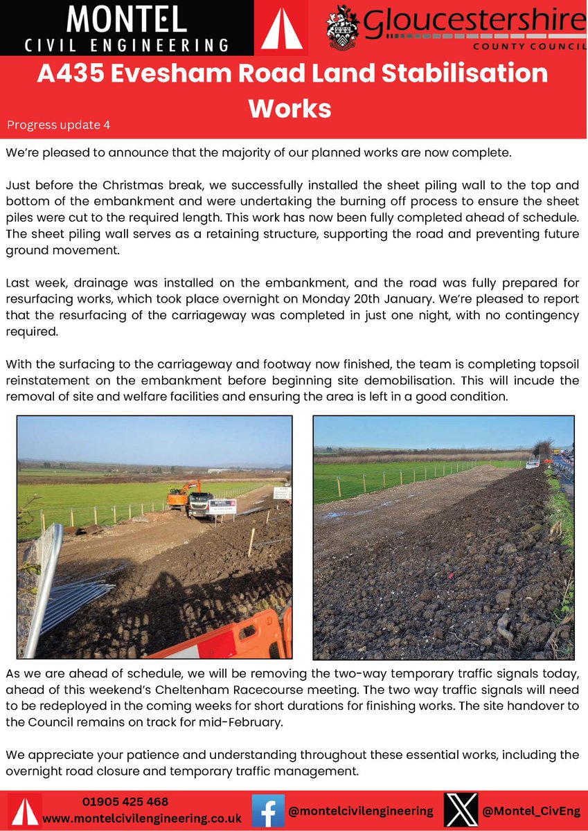PROJECT UPDATE – A435 Evesham Road Land Stabilisation Works 

The majority of works are now complete, including the sheet pile wall and resurfacing. Temporary signals have been removed but will return briefly for finishing works.
For full details, check out our latest update!