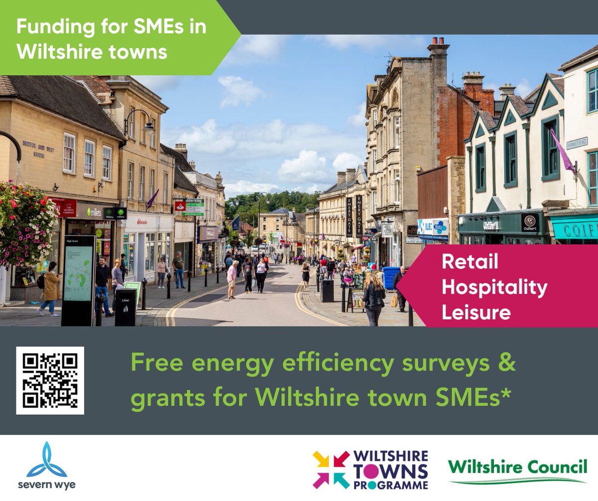📢Small businesses in Wiltshire town centres!
Free energy-efficiency surveys and grants of up to £6,000 for carbon saving measures*💚

👉 severnwye.org.uk/wiltstowns

*for eligible micro/SMEs in retail, hospitality, leisure within 22 Wiltshire towns