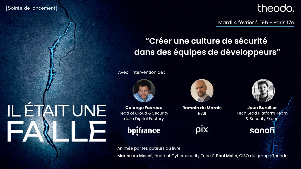 Pour la sortie de notre livre "Il était une faille", coécrit avec <a href="/paulmolin42/">Paul Molin</a>, nous organisons une table ronde sur "Comment créer une culture de sécurité dans ses équipes de développement".
🗓️ 4 février - 19h
📍Theodo: 48 bd des Batignolles

Inscription : addevent.com/event/SJ246179…