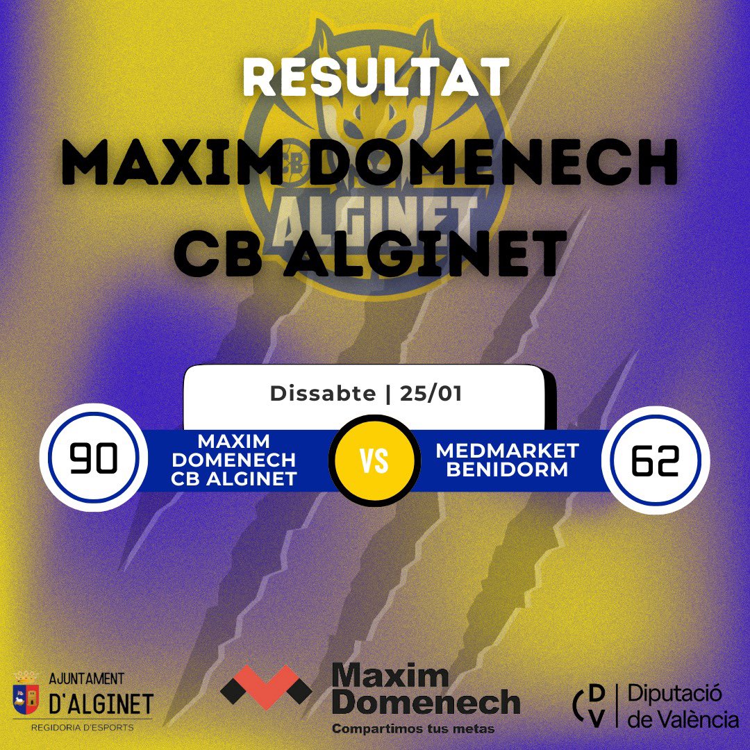📣 Senior Nacional

El Màxim Domenech CB Alginet es va imposar el passat dissabte al Medmarket Benidorm per  9️⃣0️⃣ a 6️⃣2️⃣

L’equip compta amb un partit menys. De guanyar-lo podria empatar a la 5 posició, tornant a la part alta del tauler de cara a l’equador de la temporada🔥🏀