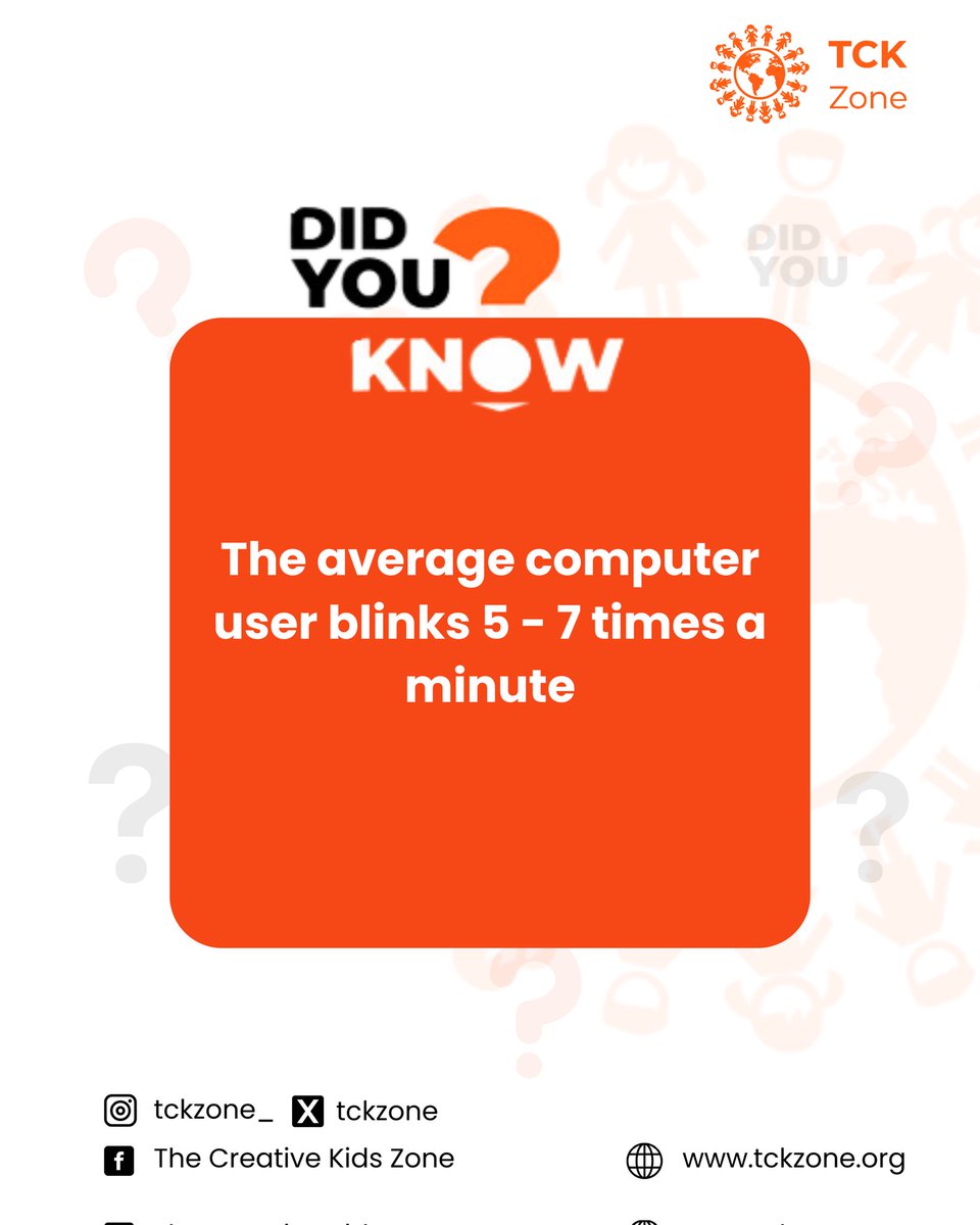 When people use computers, they blink less, only about 5-7 times a minute instead of the usual 15-20 times.

#tckzone #digitalskillsfellowship #digitallearningfestival #Tech #didyouknow #didyouknowfacts #explore