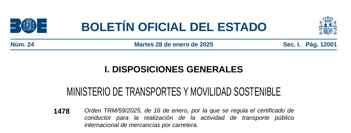 prevencionjcyl's tweet photo. BOE 28/01/25

Orden TRM/59/2025, de 16 de enero, por la que se regula el certificado de conductor para la realización de la actividad de transporte público internacional de mercancías por carretera.

https://t.co/Yfcasar6hR https://t.co/odZjfsoX9s