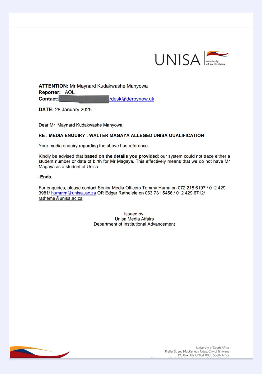 Unbelievable: On 19 Nov, 2017, ZBC, Newsday + Herald reported that Prophet Walter Magaya had been awarded a PhD by <a href="/unisa/">Unisa</a>. Last week, Magaya submitted a diploma to the high court also from UNISA. However the "honorary Doctorate" and Diploma do not appear in UNISA records. (1/3).