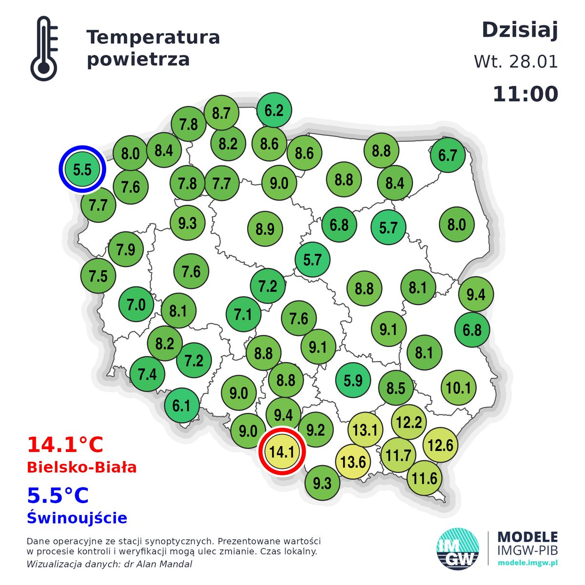 IMGWmeteo's tweet photo. 💨Na południu kraju, w zasięgu oddziaływania wiatru fenowego (w Tatrach halnego) powietrze jest suchsze a temperatura powietrza o godz. 11:00 wyniosła nawet 14,1°C.
⚠️Porywy wiatru póki co do 50-70 km/h. W Tatrach do 105 km/h.
#IMGW #halny #fen #wiatr https://t.co/fIzfDkAeMm