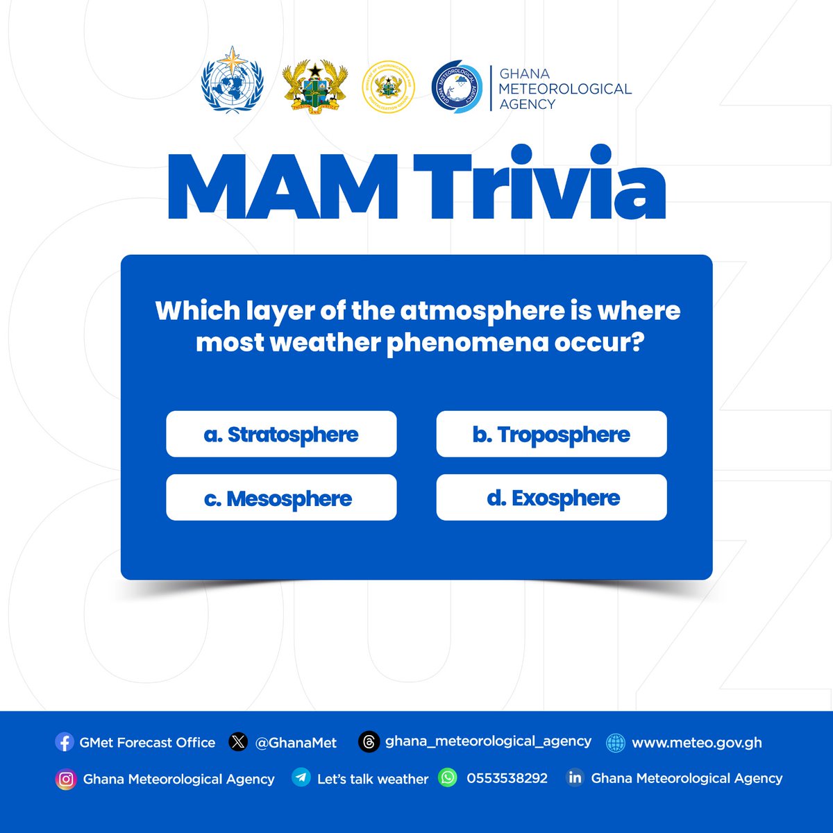 GhanaMet's tweet photo. Test your knowledge.

Comment the correct answer. https://t.co/HuZSjDd5Mz