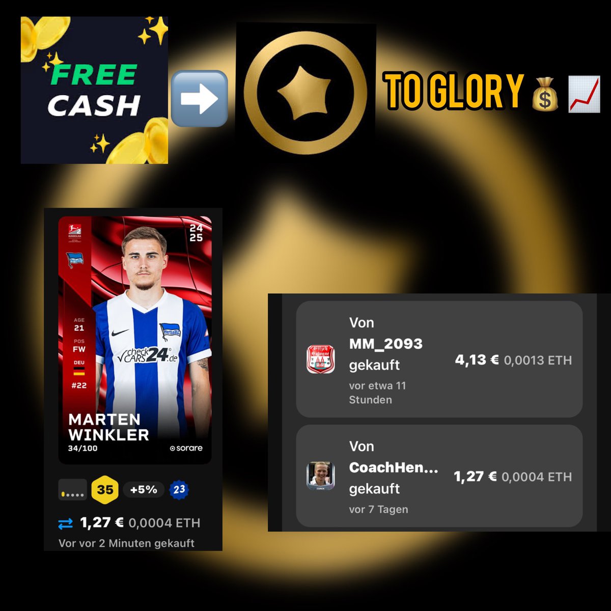 Freecash -&gt; Sorare to Glory EP.5💰

Der erste Verkauf ist da 👀🚀

Gesamtgewinn: 38,87💰

Startbonus von bis zu 250€ 💰🚀-&gt; freecash.com/r/7d7dfad168