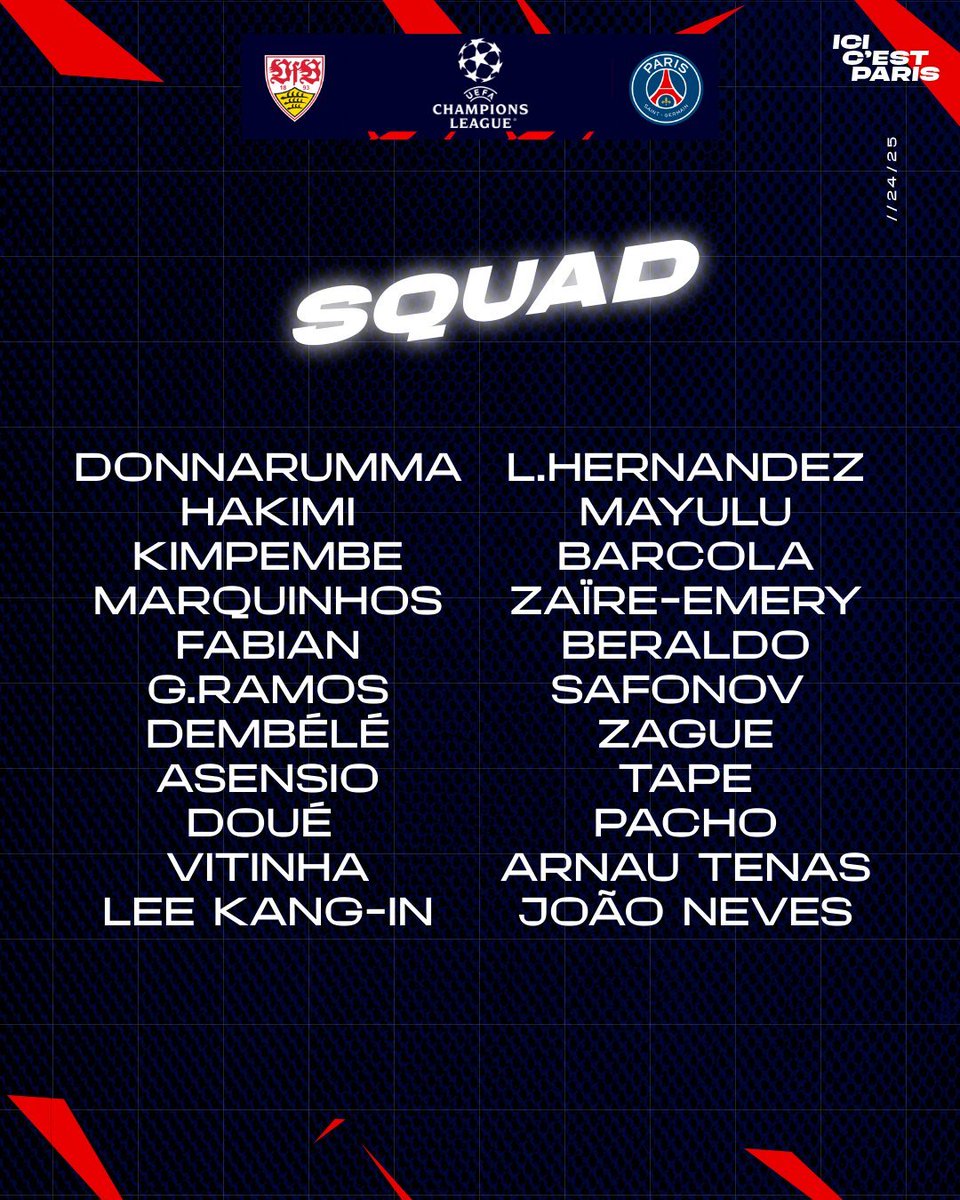 lnstantFoot's tweet photo. 🚨 OFFICIEL ! Voici le groupe du PSG pour le match face à Stuttgart ! ❤️💙🔛

( 📸 @PSG_inside ) https://t.co/mpWhwrq0PM