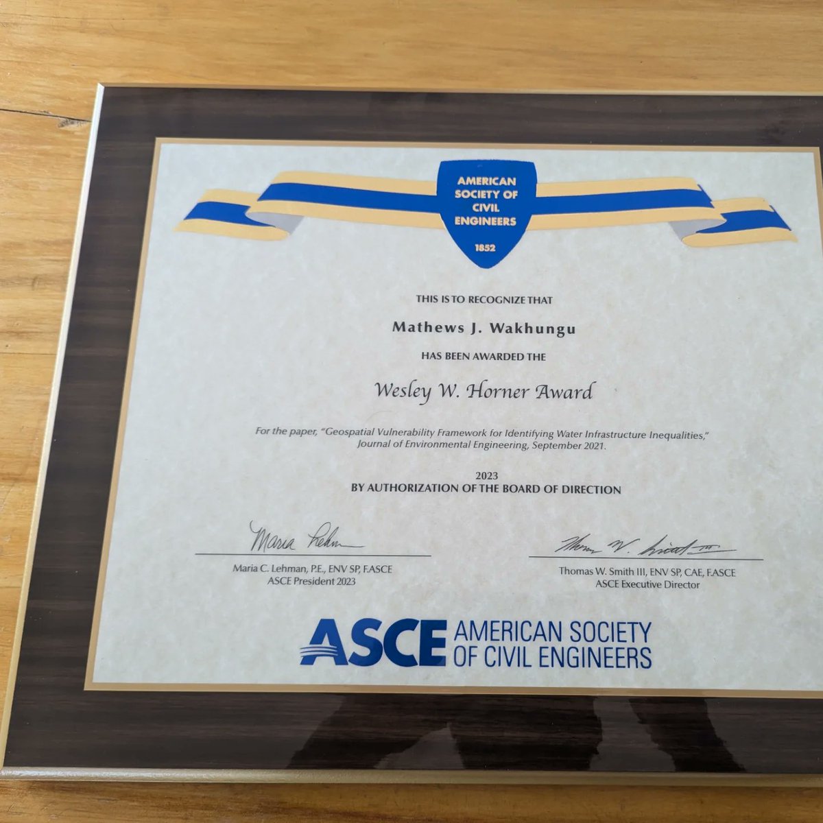 I finally received my 2023 Wesley Horner Award plaque from the American Society of Civil Engineers <a href="/ASCETweets/">ASCE Headquarters</a> on our work on water infrastructure inequalities.  Big thanks to my amazing collaborators! #ASCE #WaterEquity #infrastructure