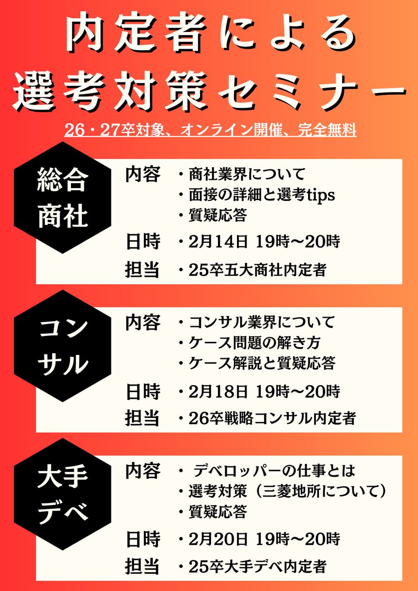 career_tabi1's tweet photo. 【大手内定者による無料選考対策会✏】
内定者による3つの業界の
選考対策会を実施！

どれか1つでも、全てでも参加可能です！

総合商社、コンサル、大手デべを目指す
26卒、27卒はこの機会に
選考対策を進めましょう

応募は
✅フォロー
✅いいね、リポスト
✅「選考対策会希望」とリプ
#26卒 #27卒