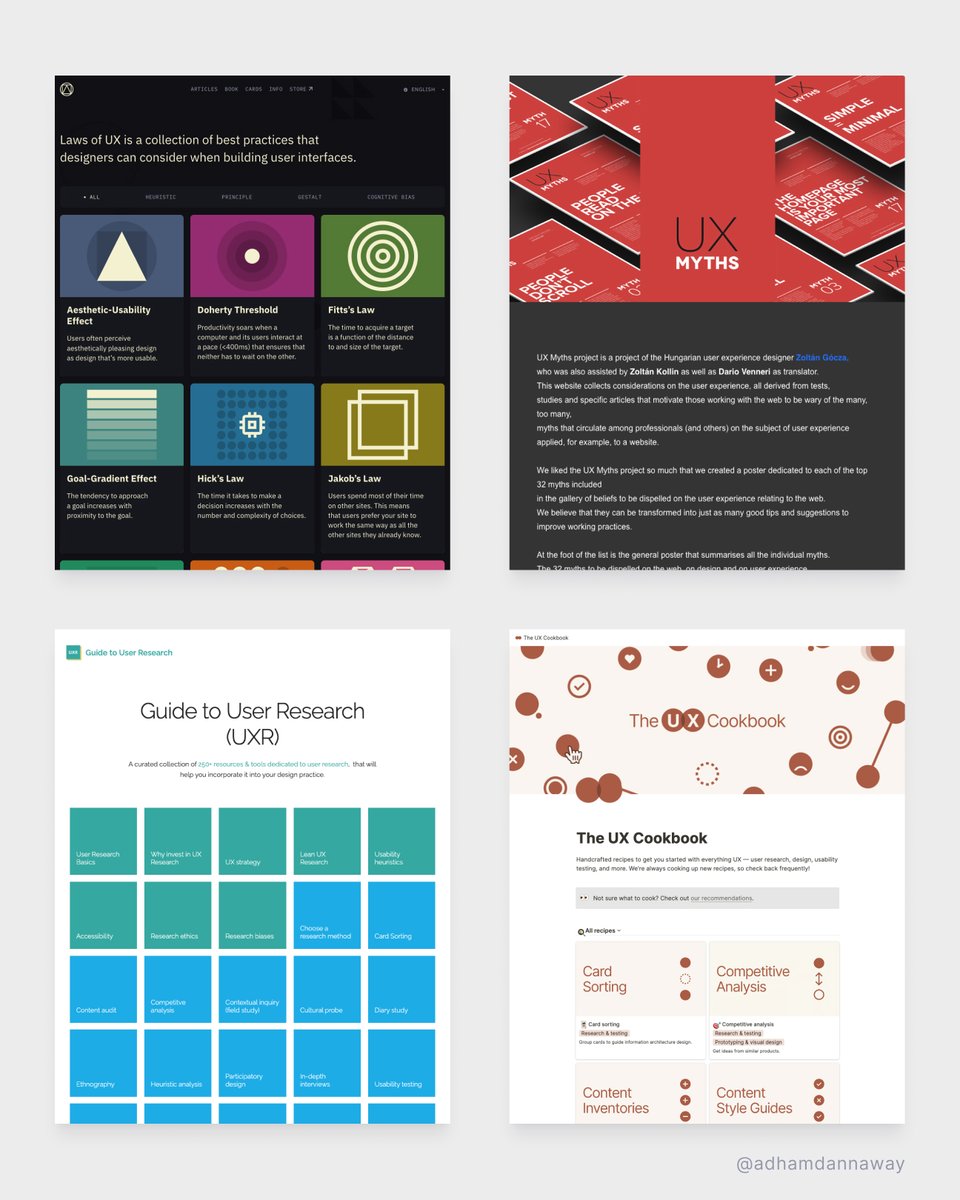 AdhamDannaway's tweet image. ✨ Go-to sites to learn UX  

Laws → lawsofux.com
Tools → uxdatabase.io
Myths → uxmyths.com
Guide → guidetouxr.com
Course → kickassux.com
Basics → theuxcookbook.com
Podcast → beyonduxdesign.com
