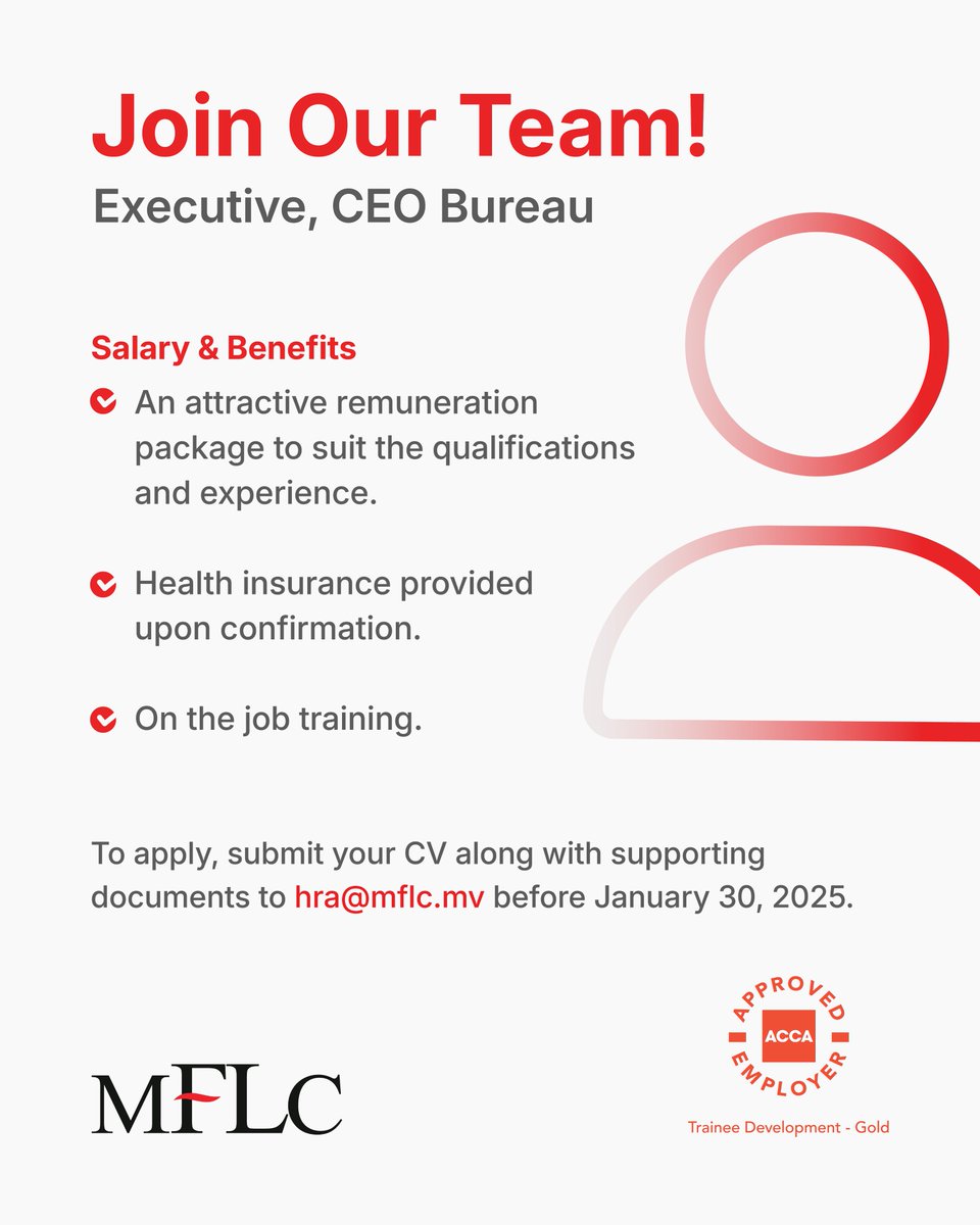 mflcmv's tweet photo. Join our Team!
Job opening for Executive, CEO Bureau
Learn more: https://t.co/XYu06thFBT
To apply, please email your updated CV along with supporting documents to hra@mflc.mv before January 30, 2025
#MFLC #CreatingOpportunities #Careers https://t.co/AuVINEz6Po