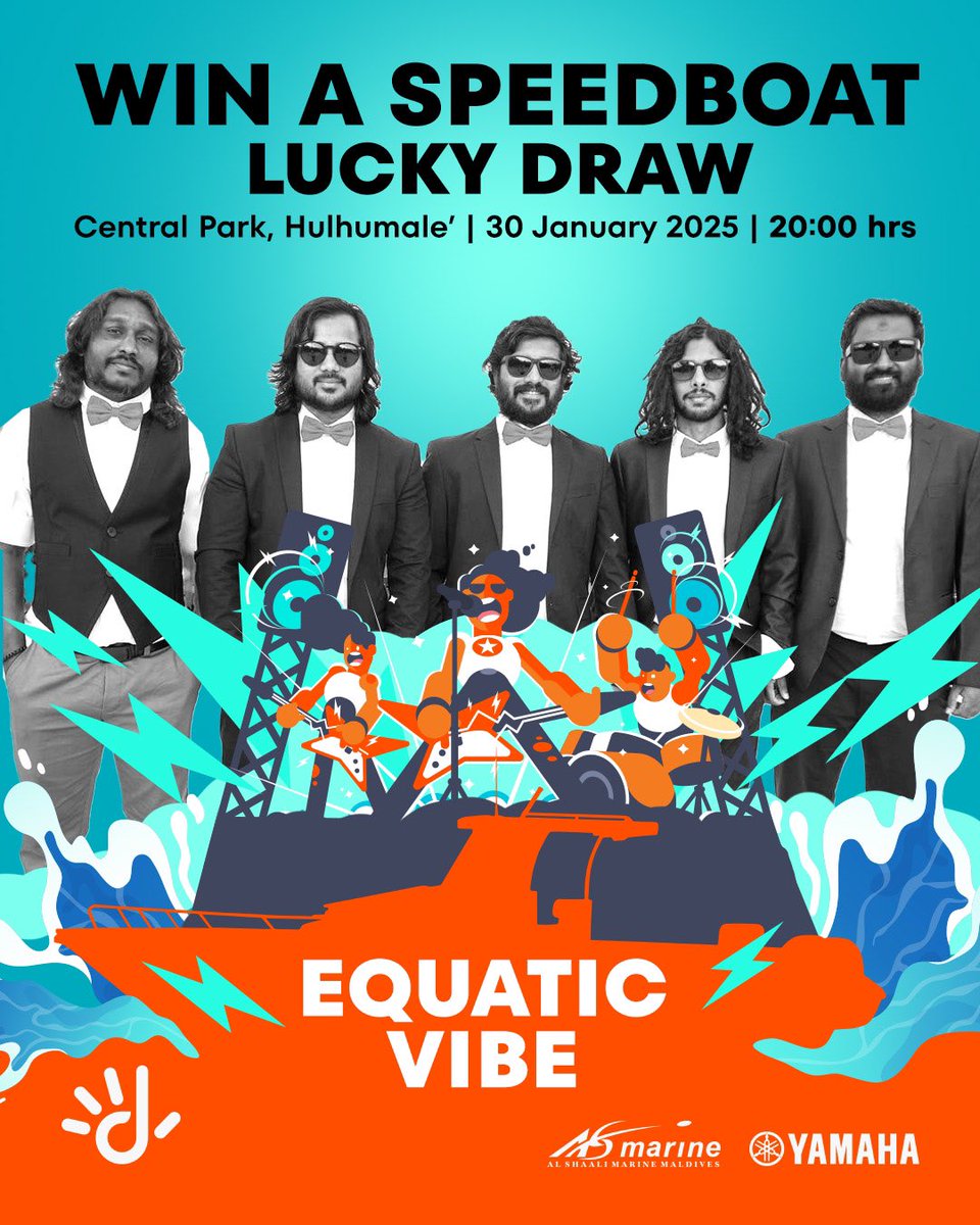 🎶 Get ready for an electrifying night with Equatic Vibe! 🎸🌊

📅 Thursday, 30 January 2025
🕗 8 PM
📍 Hulhumalé Central Park

Join us for the Win a Speedboat Lucky Draw Event and experience an unforgettable evening of music, energy, and excitement! Find out who will take home