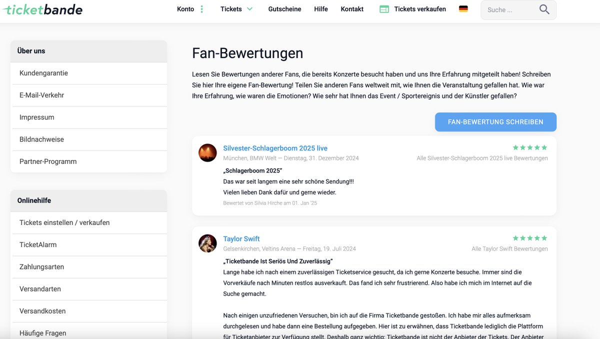 Möchtest du rausfinden, ob Ticketbande seriös ist? Ticketbande bietet eine eigene Bewertungsoption für Kunden uns Fans. Schau mal vorbei:

ticketbande.de/fan-bewertungen
