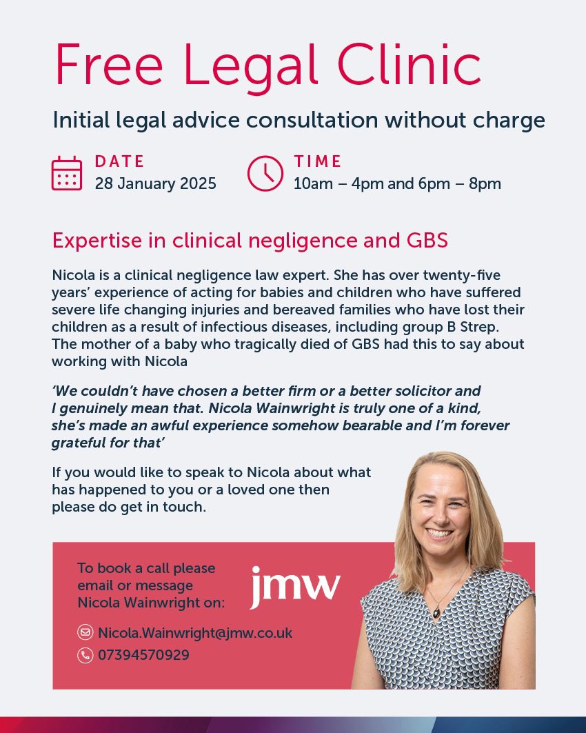 We are running a legal clinic as part of our partnership with the wonderful <a href="/GBSSupport/">Group B Strep Support</a> today. Please get in touch to arrange a free consultation if you are wondering if you have a clinical negligence claim arising from  #groupBStrep